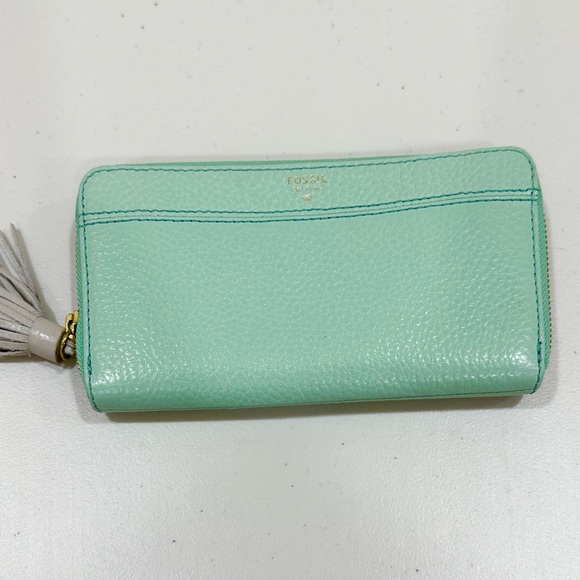FOSSIL Zip Around Pebbled Leather‎ Mint Green Zipper CLUTCH WALLET - Picture 1 of 6